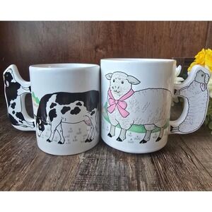 Vintage Farm Animal Mugs Set of 2 Cow Sheep Novelty Ceramic Coffee Tea Cups